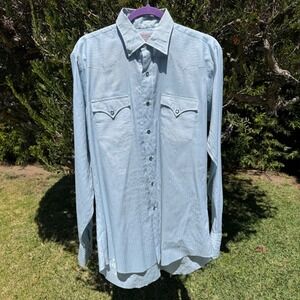 Vintage H Bar C Ranchwear Mens Blue Western Pearl Snap Long Tail Shirt Made USA